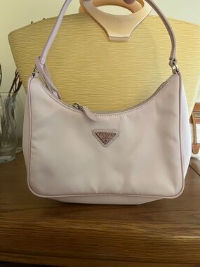 Prada Pale Pink Nylon Shoulder Bag with Logo Plaque